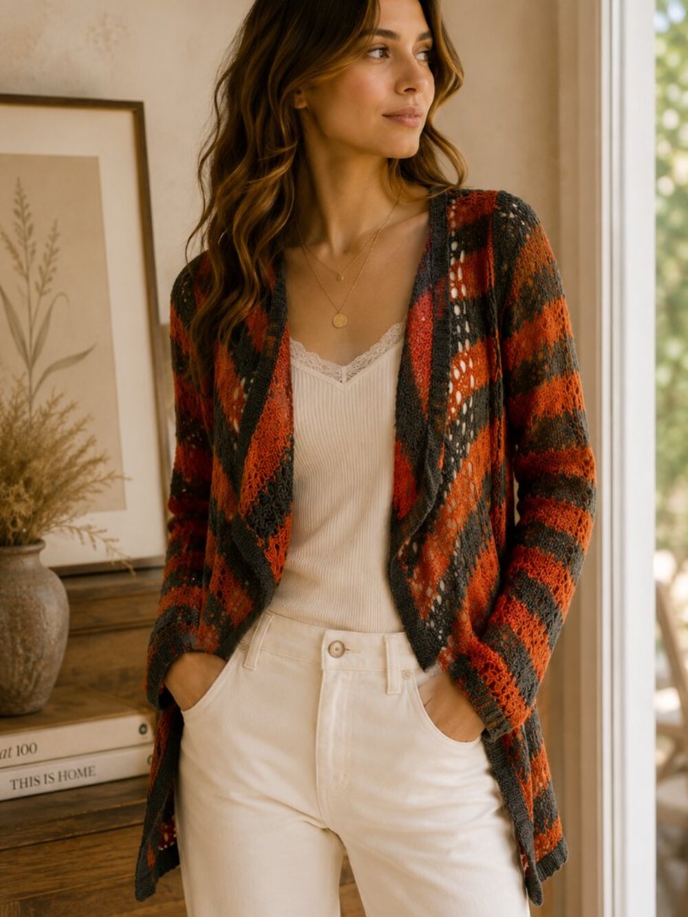 Anthropologie Guinevere Loose Stripes Pointelle Cardigan Orange Gray XS